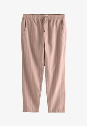 Pantaloni in tessuto rosa chiaro traspirante con righe verticali bianche, vita elasticizzata e due tasche laterali.