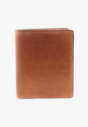 Braune Lederbörse mit glatter Textur, im Bi-Fold-Design und sichtbarer Naht entlang der Kanten. Keine zusätzlichen Verzierungen oder Muster.