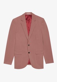Blush-pink Blazer mit Schößchen, zwei vorderen Taschen und schwarzen Knöpfen. Satin-rotes Futter sichtbar im Inneren. Einfaches, maßgeschneidertes Design.