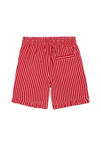 Shorts rayés rouges et beiges avec une texture douce, dotés d'une taille élastique, d'un ourlet froncé et d'une poche appliquée à l'arrière.