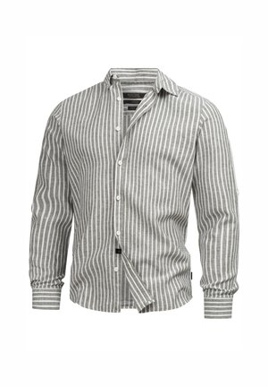Striped long-sleeve shirt in gray and white linen, featuring a button-down collar and straight-cut hem with a regular fit.