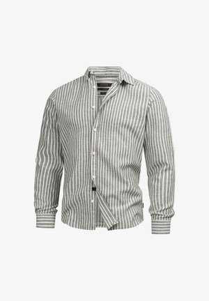 Striped long-sleeve shirt in gray and white linen, featuring a button-down collar and straight-cut hem with a regular fit.