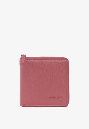 Pink leather wallet with a textured finish, square shape, zip closure, and embossed brand logo on the front. Compact design.