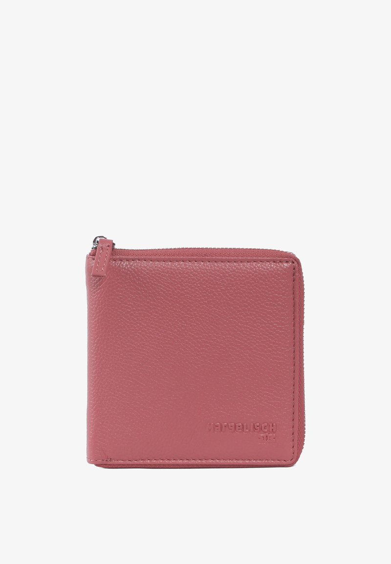 Portafoglio in pelle rosa con finitura testurizzata, forma quadrata, chiusura con zip e logo del marchio impresso sul davanti. Design compatto.