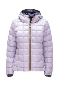 Giacca a vento viola chiaro con design trapuntato, cappuccio e cerniera frontale con accenti multicolori. Materiale morbido e lucido.