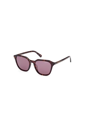 Occhiali da sole tortoiseshell marroni con montatura quadrata, lenti viola e aste sottili, con un branding sottile sulla tempia sinistra.