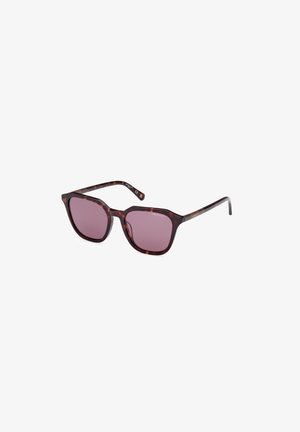 Ochelari de soare tortoise brown cu o ramă pătrată, lentile violet și brațe subțiri, având un branding subtil pe templul stâng.