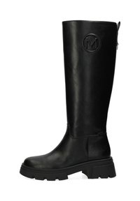 Wysokie czarne skórzane botki z zaokrąglonym noskiem, grubą podeszwą o wyraźnym bieżniku oraz wytłoczonym logo na górnej stronie. Posiadają zamek błyskawiczny z boku dla łatwego zakładania.