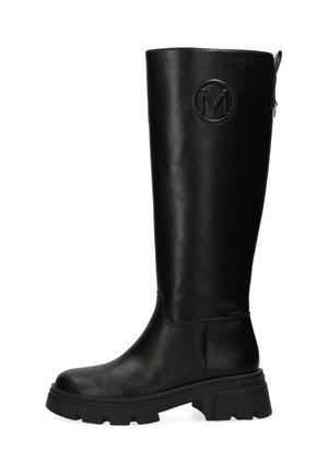 Tall black leather boots with a rounded toe, thick treaded sole, and embossed logo on the upper side. Features a side zipper for easy access.