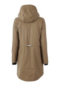 Imperméable long marron avec capuche et cordon de taille ajustable, vu de dos sur fond blanc.