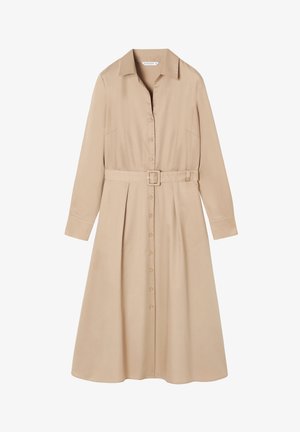 Beige button-up dress with long sleeves, a collar, and a belted waist. Made from a smooth fabric with pleats at the skirt.