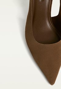 Scarpa donna in suede marrone a punta, con interno in pelle liscia, mostrata da una vista angolata dall'alto di fronte.