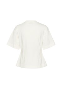 Witte katoenen t-shirt met korte mouwen, ronde hals en een licht uitlopende zoom. Glad textuur, geen zichtbare patronen of accenten.