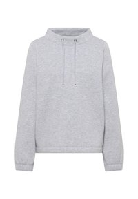 Felpa grigia con collo alto, cappuccio con coulisse e ricamo del logo frontale. Presenta polsini a coste e una vestibilità comoda.