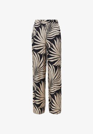 Pantaloni a gamba larga realizzati in tessuto leggero, con una stampa di foglie di palma nera e beige. Vita elastica per un comfort ottimale.