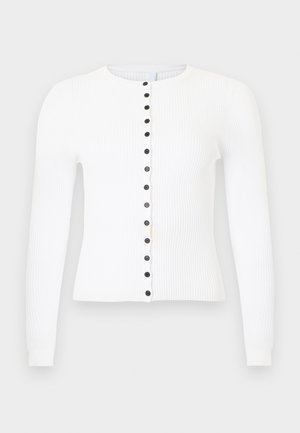 Bílý žebrovaný cardigan s dlouhými rukávy, s kulatým výstřihem a řadou černých knoflíků vpředu. Hladká textura, přiléhavý střih.