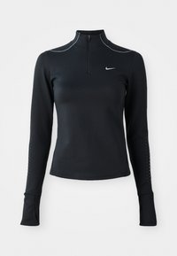 Czarny długi rękaw sportowy top z pół zamkiem na szyi, odblaskowymi szwami i siateczkowymi detalami na rękawach. Logo Nike na klatce piersiowej.