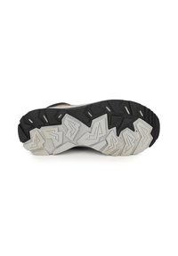 Suola di scarpa sportiva nera e grigia con superficie texturizzata, caratterizzata da un battistrada robusto e forme angolari per una maggiore aderenza.