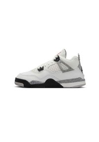 Baskets de sport blanches avec des panneaux en maille, des accents gris mouchetés et une semelle extérieure noire. Présente un laçage classique et un col rembourré.