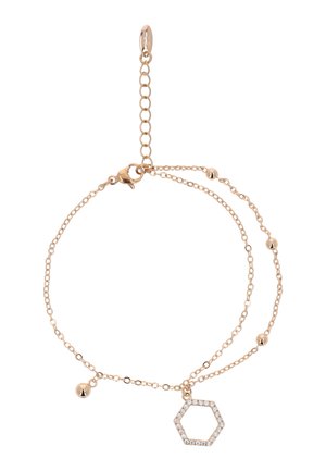 Roze gouden armband met twee delicate kettingen, voorzien van een hexagonaal charme versierd met heldere edelstenen en kleine ronde accenten.