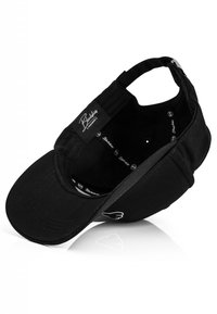 Black cap with a curved visor, made from textured fabric. Features a logo inside, adjustable strap, and inner lining with repeated patterns.