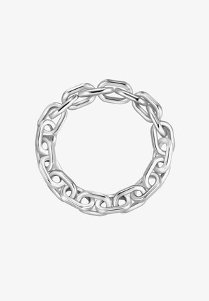 Pulsera de cadena de plata con eslabones ovalados entrelazados y un acabado brillante, creando un diseño en círculo texturizado y continuo.