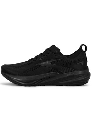 Schwarze Laufschuhe mit einem Mesh-Obermaterial, strukturiertem Sohle und gepolstertem Absatz; verfügen über Branding an der Seite und ein Schnürsystem für einen sicheren Sitz.