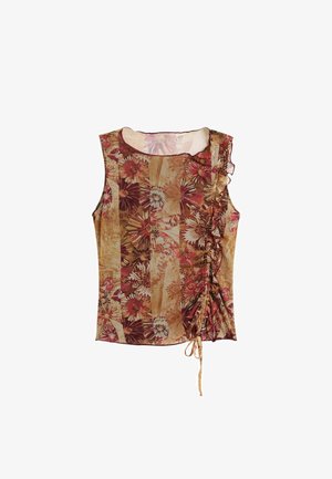 Ærmeløs bluse med blomsterprint og lodret stribemønster i brun, beige og pink, med flæser og en snøre på den ene side.