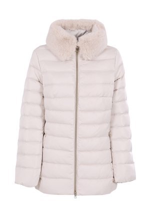 Giacca imbottita beige chiaro con colletto morbido in ecopelliccia, chiusura con cerniera e design trapuntato con cuciture orizzontali.