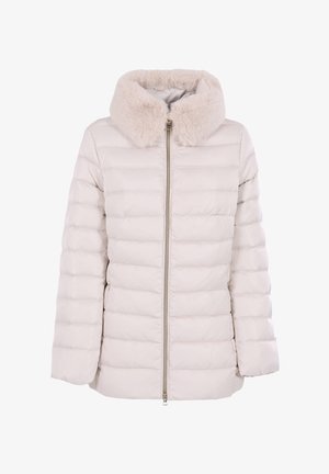 Giacca imbottita beige chiaro con colletto morbido in ecopelliccia, chiusura con cerniera e design trapuntato con cuciture orizzontali.