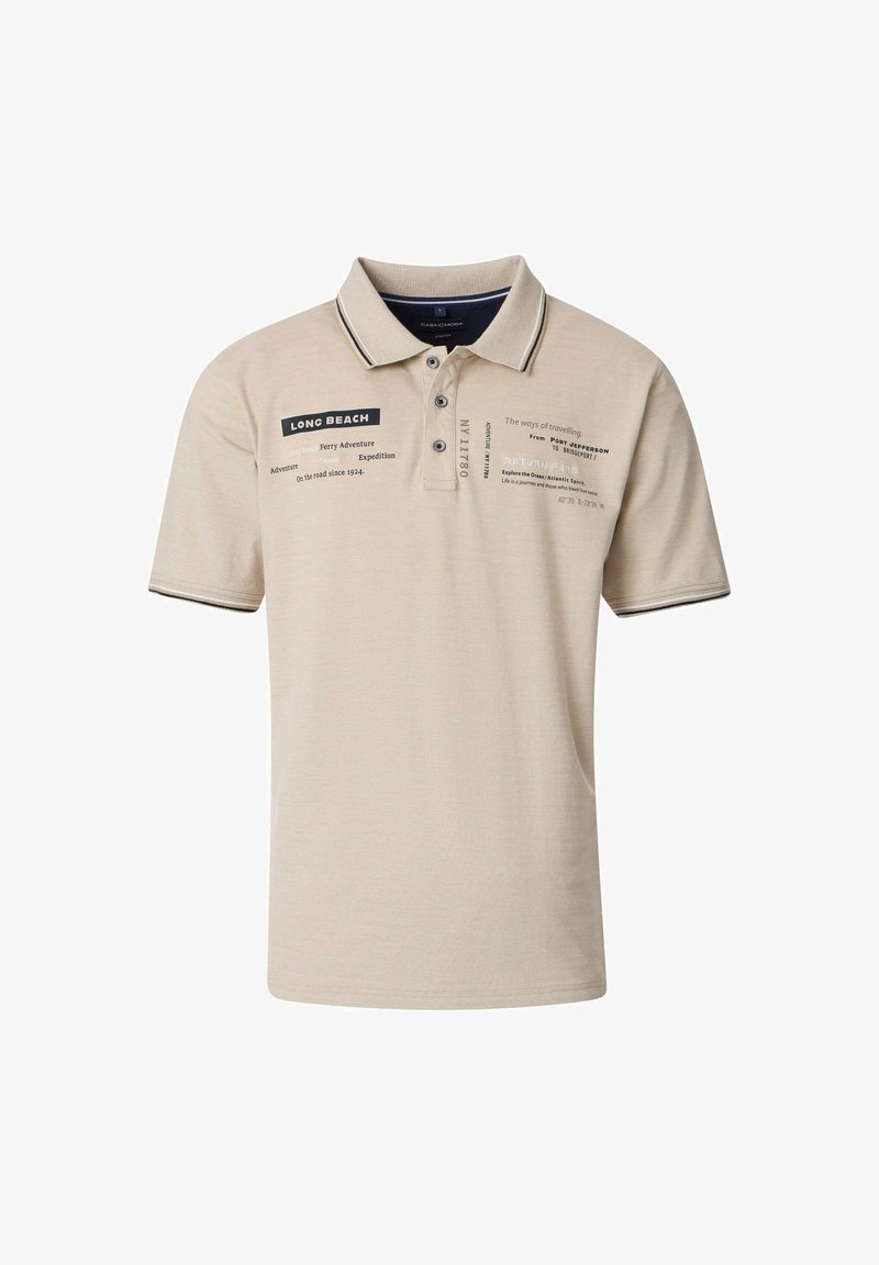 Beige Poloshirt aus strukturiertem Baumwollstoff mit einem Zwei-Knopf-Verschluss. Mit bedruckten Grafiken in Schwarz und Weiß sowie kontrastierenden Kragenstreifen.