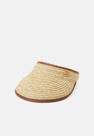Woven straw sun visor with brown trim and small gold decorative emblem on the side, designed for sun protection.