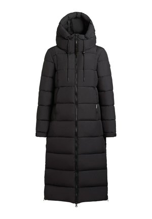 Lungo piumino nero con cappuccio, chiusura con zip, coulisse al collo e design trapuntato. Tessuto liscio e silhouette a tutta lunghezza.