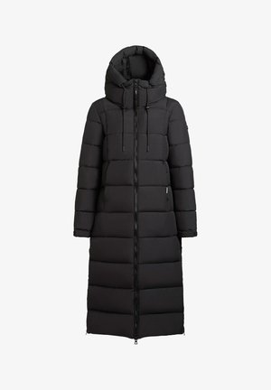 Lungo piumino nero con cappuccio, chiusura con zip, coulisse al collo e design trapuntato. Tessuto liscio e silhouette a tutta lunghezza.