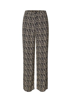 Pantalon ample en tissu noir avec un motif abstrait doré. Présente une taille plate et des jambes larges et droites.