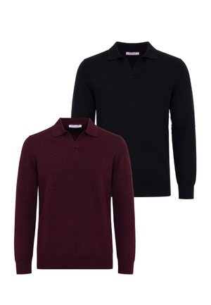 Deux polos en tricot à manches longues, un bordeaux et un noir, présentés de face sur fond blanc.