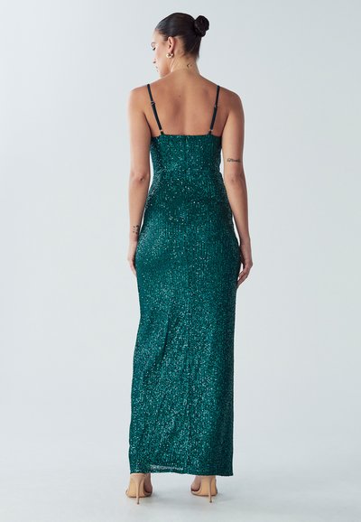 shantelle sequins dress in emerald green Electric Green Sequin Strapless Gown
