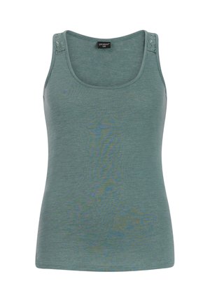 Débardeur vert sans manches pour femme, avec encolure dégagée et détails en dentelle sur les bretelles, taille 36.