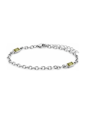 Silbernes Kettchenarmband mit zwei rechteckigen grünen Edelsteinen, gleichmäßig verteilt, und Karabinerverschluss. Schlichtes und elegantes Design.