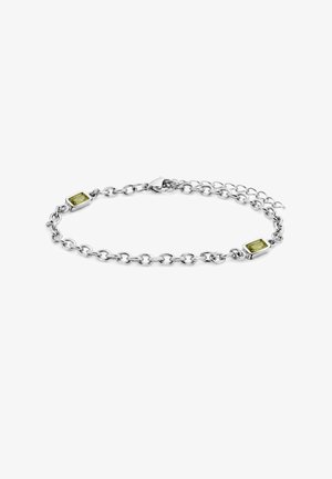 Silbernes Kettchenarmband mit zwei rechteckigen grünen Edelsteinen, gleichmäßig verteilt, und Karabinerverschluss. Schlichtes und elegantes Design.