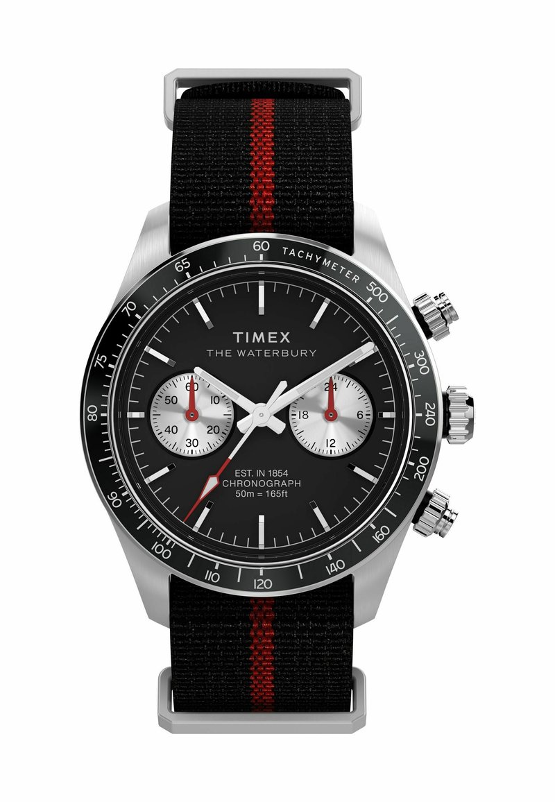 Timex Chronograph-Uhr mit schwarzem Zifferblatt, silbernen Ziffernblättern, Edelstahlgehäuse und einem strukturierten schwarzen Stoffarmband mit rotem Streifen.