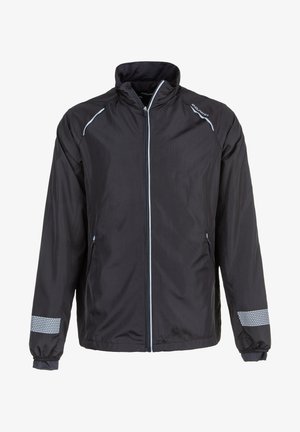 Sort letvægtsjakke med højt krave, frontlynlås, refleksaccenter og mesh-detaljer på manchetterne. Velegnet til aktivt brug.