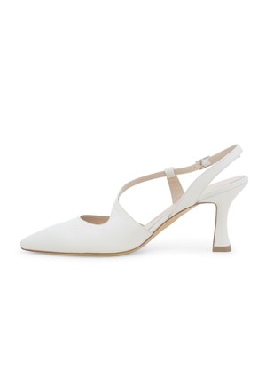 Décolleté bianca in pelle con punta appuntita, tacco medio curvo e cinturino alla caviglia con chiusura a fibbia.