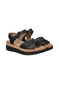 Zwarte leren sandalen met kruisbanden, kurken middenzool en rubberen loopzool. Gelaagde bovenkant met een zachte voetbed voor comfort.