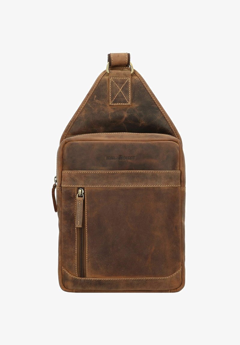 Borsa a tracolla in pelle marrone con texture liscia, tasca frontale con zip, parte superiore arrotondata e tracolla robusta. Presenta un branding discreto sulla superficie.