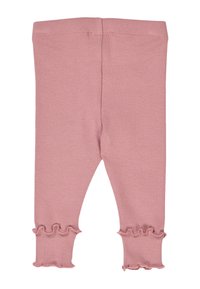 Ribbed pink leggings with a fitted design, featuring ruffled hems at the ankle. Made from a soft fabric for comfort.