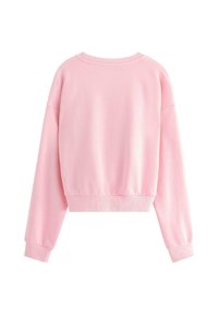 Rosa kortad sweatshirt med långärmar, ribbade cuffs och halsringning, mjuk textur och en enkel, enfärgad design.