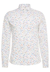 Camisa de manga larga de algodón blanco con un estampado floral que presenta flores rojas, azules y rosas. Cuello clásico y cierre frontal con botones.