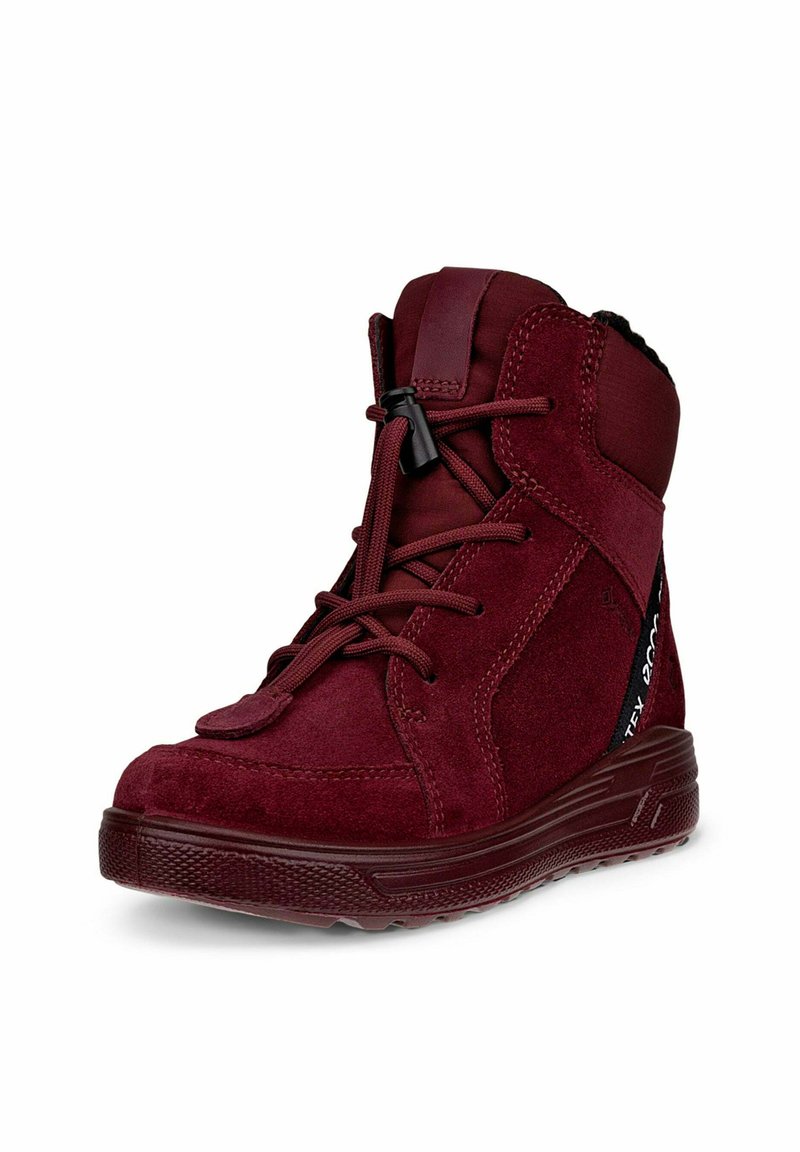 Bordeaux lederen enkellaars met zwarte accenten, vetersluiting, textuuroppervlak en een duurzame rubberen zool. Heeft een waterdichte voering.