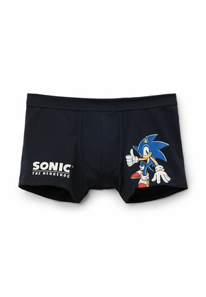 Černé boxerky s modrou grafikou Sonica the Hedgehog, bílým logem, předním sáčkem a těsným střihem. Měkký bavlněný materiál s elastickým pasem.
